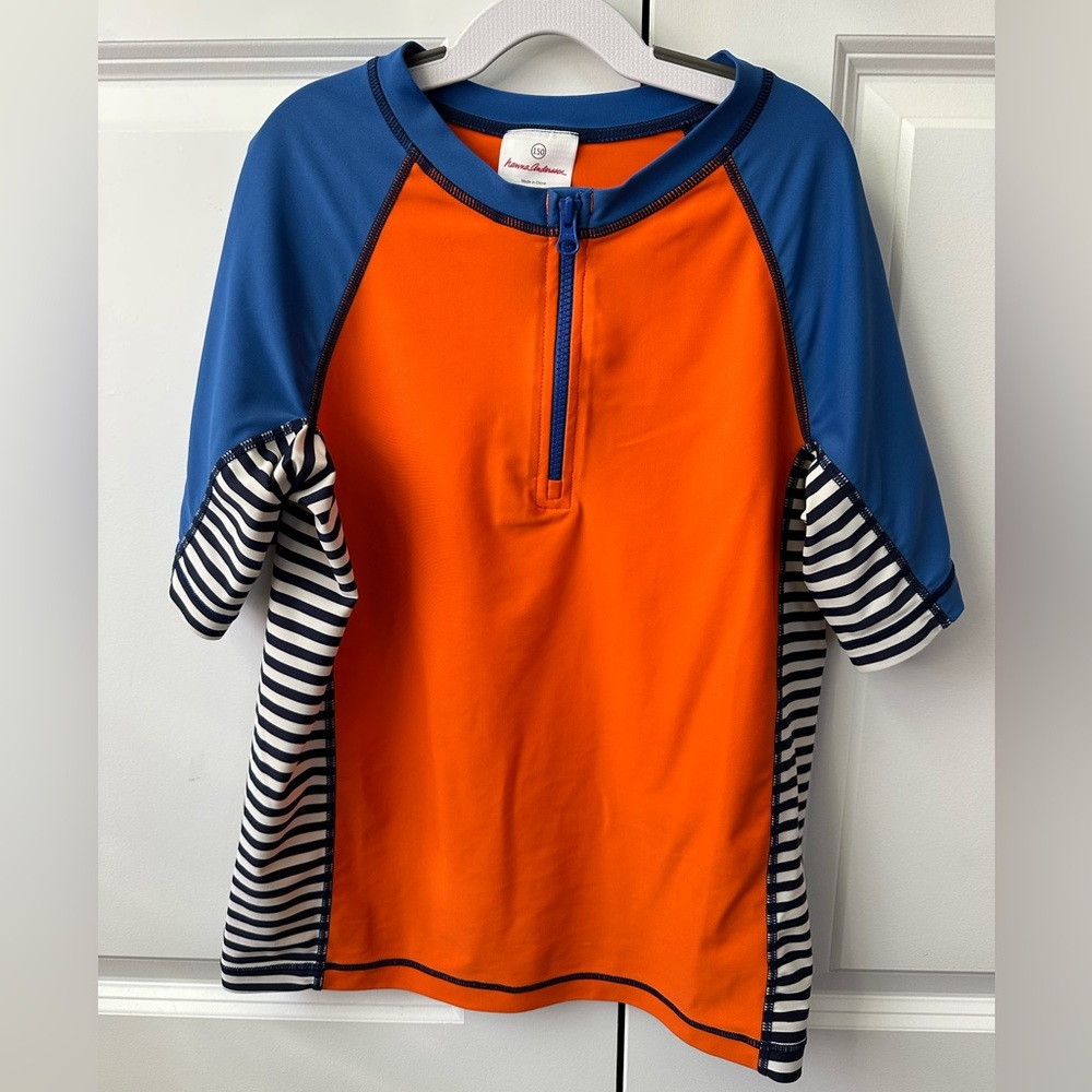Hanna Andersson Boys Orange and Blue w/ Stripes Swim Shirt (Size 150/12)